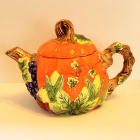 COLORFUL FALL AUTUMN PUMPKIN TEAPOT WITH FRUIT, VEGGIES, LEAVES - Picture 1 of 5